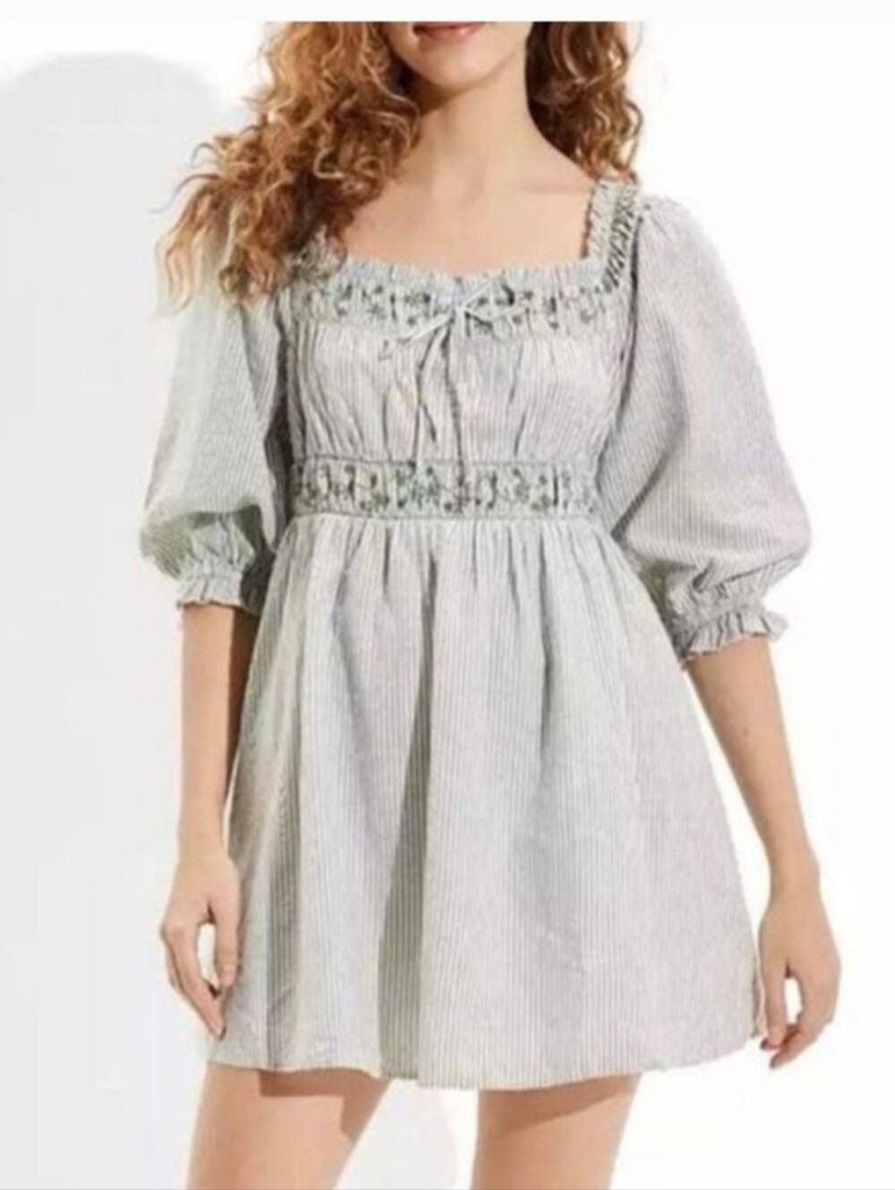 American Eagle Green and white striped Puff Sleeve, Lined Dress Size L